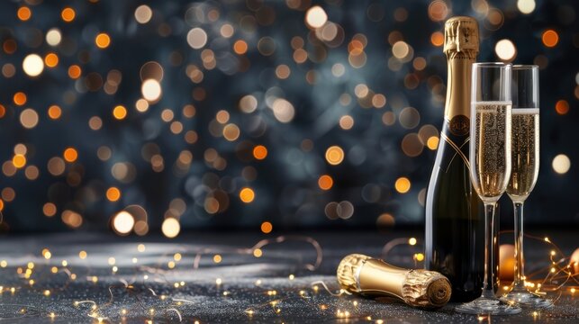 Sparkling Champagne Bottles and Flutes Against a Festive Bokeh Background with Bright Lights and Celebration Elements