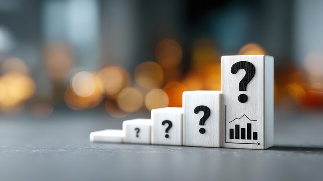 Wooden blocks with question marks and a bar chart symbol represent uncertainty and data analysis in a blurred background with bokeh lights.