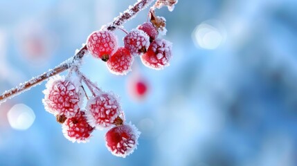 Frosted Red Berries on Frozen Branch Surrounded by Sparkling Blue Background in Winter Landscape