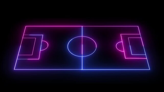 Animation of neon sports stadium isolated on black background with neon lights match football isometric field animation, 4k motion video.
