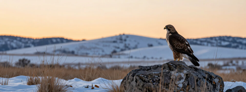 The falcon is resting on a rock at sunset