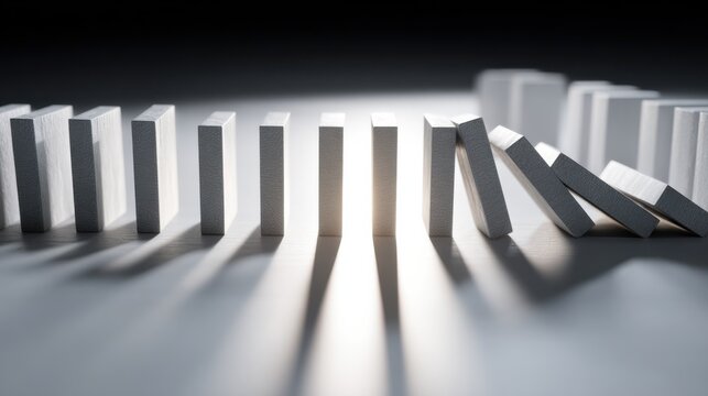 Domino effect with white dominoes against a dim background, concept of cause and effect