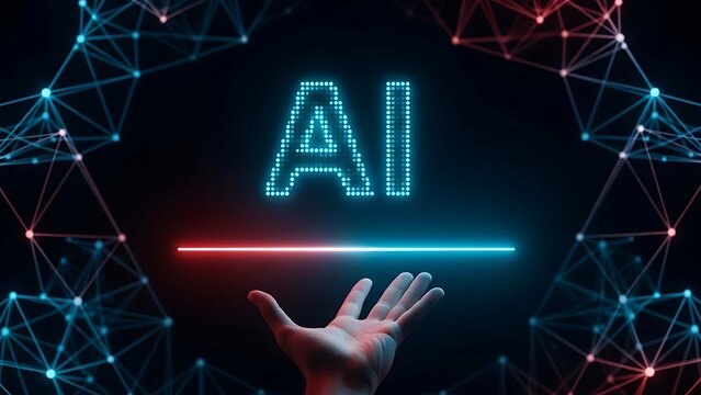 Hand interacting with artificial intelligence network connections and data exchange concept with glowing lines and nodes on black background
