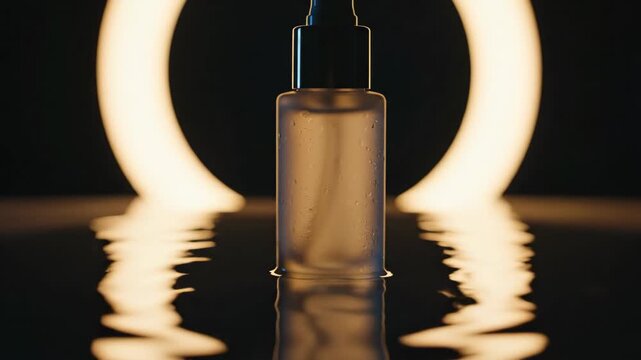 Cosmetic bottle on dark backdrop with ring light, highlighting beauty product and clean water texture, creating soft light and minimalist atmosphere.