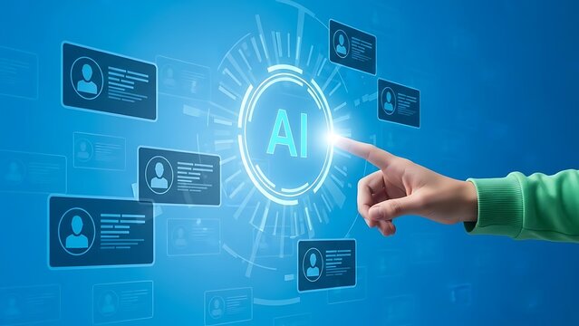 Hand interacting with futuristic AI interface and user identification cards on blue background  technology concept