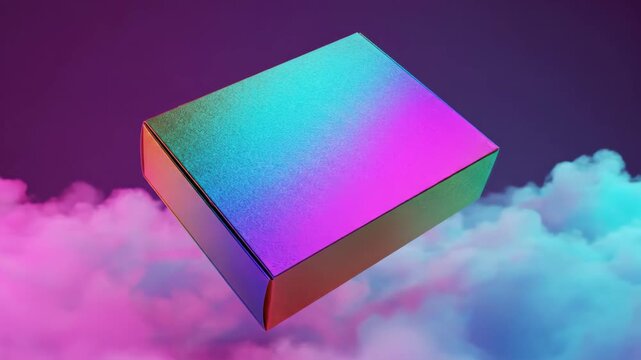 Holographic box floating in colorful clouds on a purple background, concept.