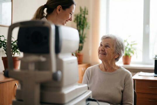 Senior woman smiling at ophthalmologist after eye exam