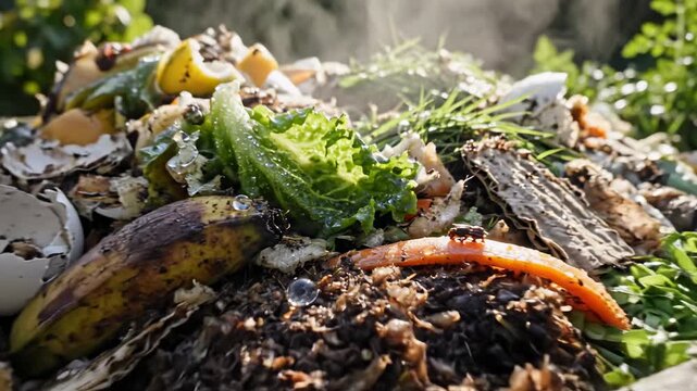 Close-up shot of a vibrant compost pile with a red wiggler worm on top, surrounded by rotting fruit and vegetable scraps in a garden setting with natural lighting.