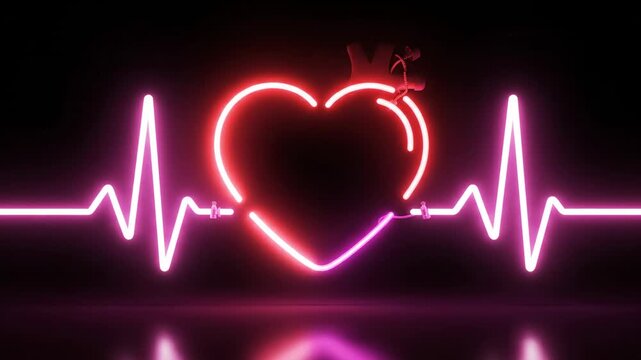 Neon pink heart with a crown outlined in an electrocardiogram reading on a black background with purple reflections.