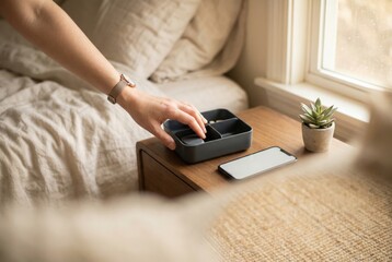 Fototapeta premium Woman reaching for bedside organizer tray on wooden nightstand