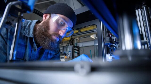 Operator calibrating laser alignment and power on a laser sintering 3D printer for enhanced precision in metal part production