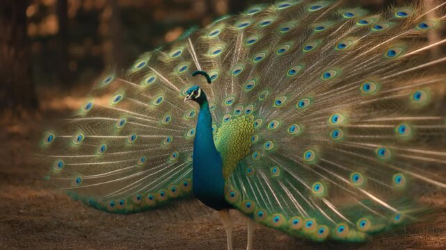 Majestic peacock displaying vibrant feathers in a natural forest setting