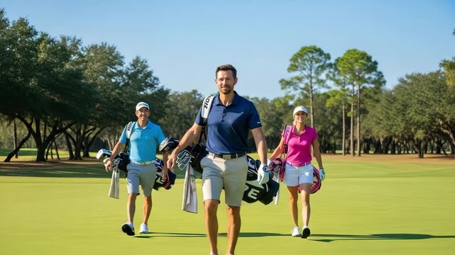 Diverse Trio Of Golfers Stroll Across Lush Green Golf Course On Sunny Day Trees Line The Background Golf Equipment Lifestyle