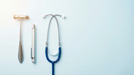 Medical diagnostic tools including a stethoscope, reflex hammer, and penlight, flat laid on a clean blue background with copy space.
