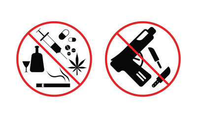 No Drugs Weapons Prohibited Icons Syringe Pills Gun Knife Alcohol Cannabis Cigarette Vector