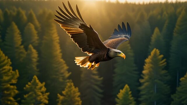 Bald eagle soaring through forest canopy at sunrise with wings outstretched in a majestic aerial display