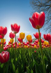 Obraz premium Field of Vibrant Red and Yellow Tulips Under a Sunny Sky