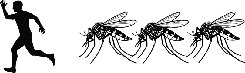 Obraz premium Man Running Away from Mosquitoes Silhouette Illustration, Insect Attack, Fear, Disease and Pest Control Concept