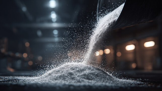 Industrial pouring of refined granular substance, an abundance of fine granules. The cascade of material forms a prominent heap