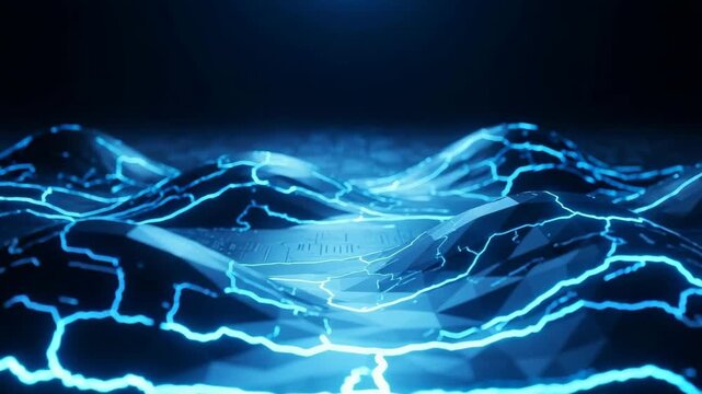 Digital Representation Shows Low Poly Landscape With Glowing Blue Lines Resembling Data Streams In Dark Environment For Technology Data Futuristic Concepts