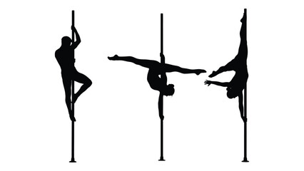 Three silhouettes of pole dancers performing various acrobatic moves on poles. isolated on white background, Vector