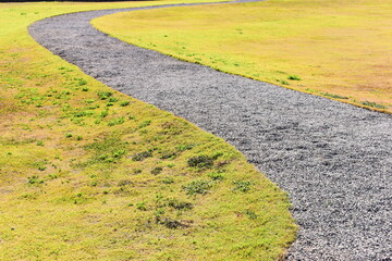 stone path and green grass in the garden
