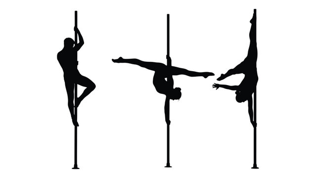 Three silhouettes of pole dancers performing various acrobatic moves on poles. isolated on white background, Vector
