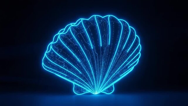 Glowing Digital Seashell In Dark Blue Environment Its Neon Lines Illuminate The Scene Hinting At Technology Data Use For Science Abstract Concepts