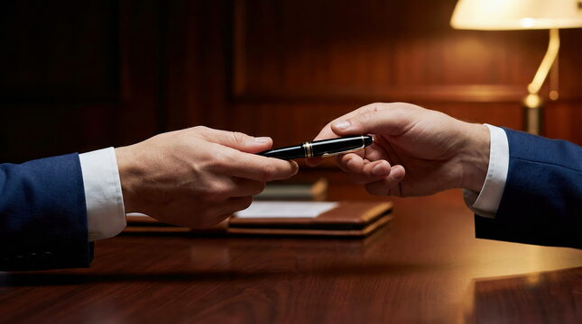 Two business professionals exchange a pen over a wooden desk, symbolizing a signed agreement, contract, or successful deal in a corporate setting.