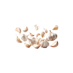 Garlic bulbs and cloves flying in air isolated on black background dynamic food motion concept