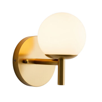 Modern brass wall sconce with frosted white globe light, minimalist interior lighting fixture isolated on transparent background