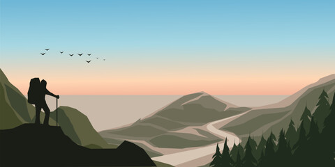 Fototapeta premium Hiker Standing on Mountain Cliff at Sunrise with Scenic Valley Landscape Vector Illustration