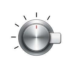 Silver volume control knob with brushed metal texture and indicator line, isolated on transparent background