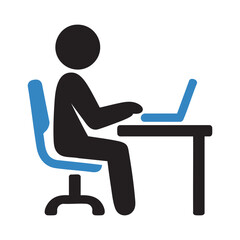 A person working on a laptop at a desk with a chair