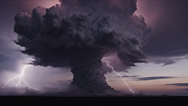 Massive swirling storm cloud structure illuminates with a bright branching lightning strike