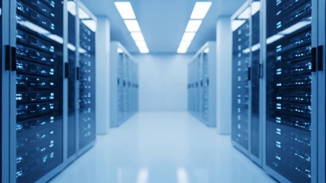 Moving through a modern data center server room with blinking lights and advanced technology.