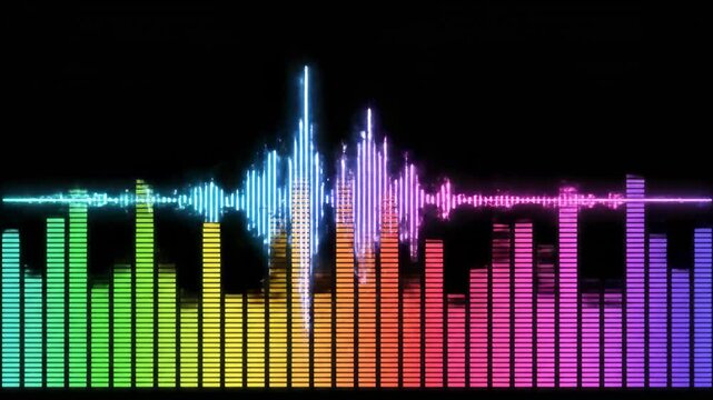 Vibrant sound wave and bar graph visualization on a black background with a white border at the bottom, showcasing colorful bars and waveform patterns.