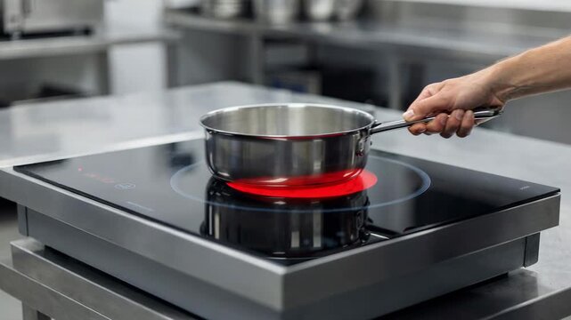 Mobile induction buffet unit in medium shot with a single heating zone active hand placing pan on surface background kitchen elements gently blurred.