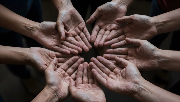 Group of diverse people coming together with hands in a circle formation symbolizing collaboration