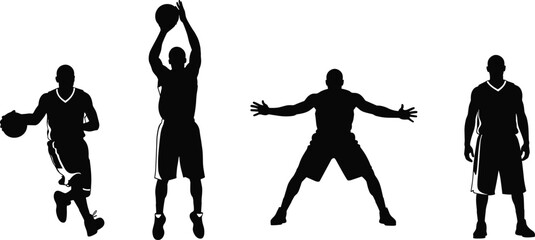 Set of basketball player silhouettes in action poses including dribbling, shooting, defense and standing, sports illustration © Its me...