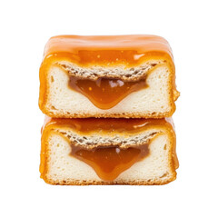 Fototapeta premium Two stacked caramelfilled sponge cakes with orange glaze, closeup studio shot isolated on transparent background