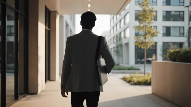 Young professional man walking with laptop through modern urban architecture