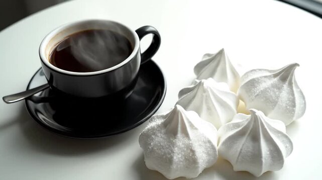 Black cup and saucer with hot coffee and steam, with white meringues on a white table