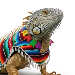 Fototapeta premium Close up Iguana in Colorful Striped Poncho on White Background