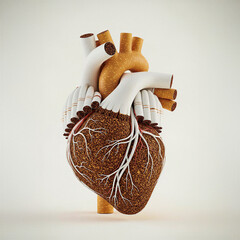 Human heart shape made from cigarettes and dry tobacco leaves