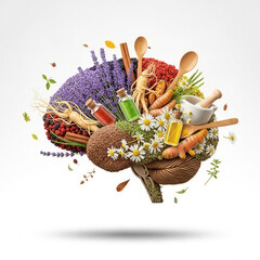Human brain illustration with herbal medicine and essential oils