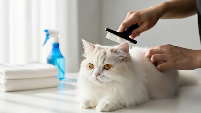 Fluffy White Feline Is Groomed With Comb By Hands On White Table In Bright Room With Spray Bottle Towels In The Background For Pet Care Articles