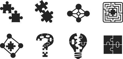 Collection of Eight Black Puzzle Piece Icons Representing Solutions and Ideas jigsaw