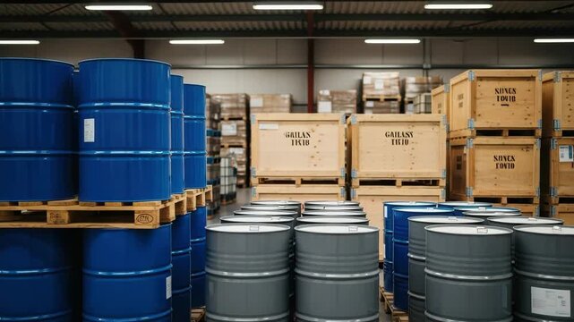 Assortment Of Blue Grey Barrels On Pallets With Wooden Crates Pallets In The Background Inside Warehouse Used For Industrial Commercial Storage