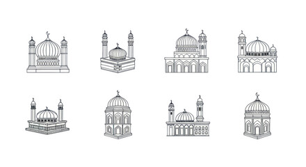 Set of black and white mosque icons with various dome and minaret designs perfect for religious and cultural projects